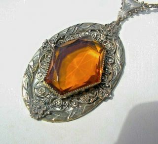 Rare Vintage Antique Art Deco Amber Gem Stone Scrolled Pendant Necklace G974
