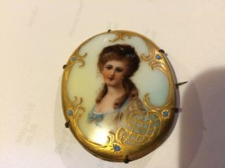 Antique Victorian Limoges Hand Painted Porcelain Portrait Brooch Beaded & Gold