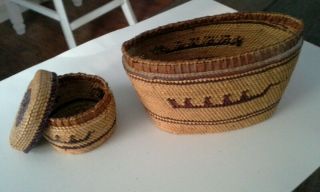 Vintage Native American Nootka Tribe Hand Fine Woven Canoe & Bird Design Baskets