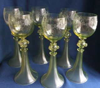 Vintage Venetian/murano Green Vaseline /uranium Glass Etched Hock Glasses X Six