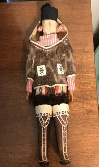 Vintage 15” Inuit Eskimo Doll With Papoose Baby Fur Leather Wood