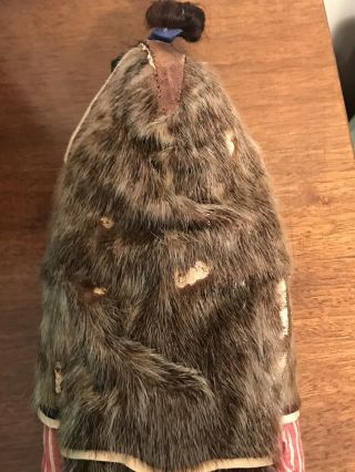 Vintage 15” Inuit Eskimo Doll With Papoose Baby Fur Leather Wood 3