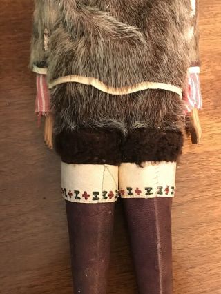 Vintage 15” Inuit Eskimo Doll With Papoose Baby Fur Leather Wood 4