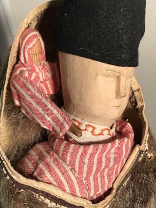 Vintage 15” Inuit Eskimo Doll With Papoose Baby Fur Leather Wood 7