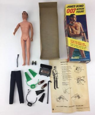 Vintage 1965 James Bond 007 Action Figure Toy Thunderball Gilbert Box Gear Old