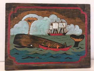 Vintage Painting On Wood Board 20 " X 16 " Whale - Fishermen Folk Art