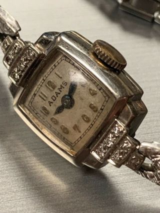 Vtg Adams Solid 14k White Gold Diamond Ladies Watch As - Is