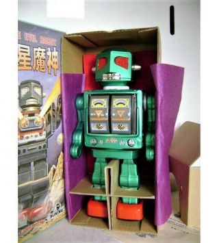 Rare Space Evil Metallic Green Robot Metal House Japan Mib