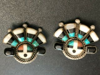 Vintage Native Amer.  Zuni Sterling Silver Multi Stone Earrings Signed