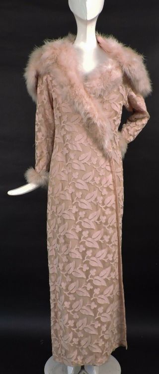 1930’s Peach Cutwork Silk On Net Long Robe For Dress W Feather Trims