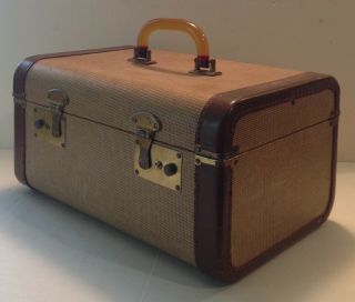 Vintage Tweed Train Case Make Up Carry On Case Suitcase Luggage Bakelite Handle