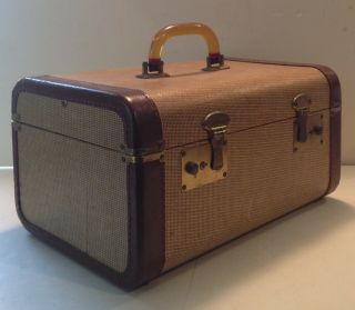 Vintage Tweed Train Case Make Up Carry On Case Suitcase Luggage Bakelite Handle 2