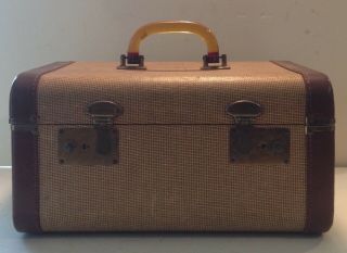 Vintage Tweed Train Case Make Up Carry On Case Suitcase Luggage Bakelite Handle 3