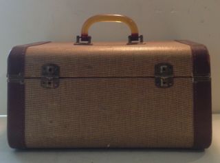 Vintage Tweed Train Case Make Up Carry On Case Suitcase Luggage Bakelite Handle 5