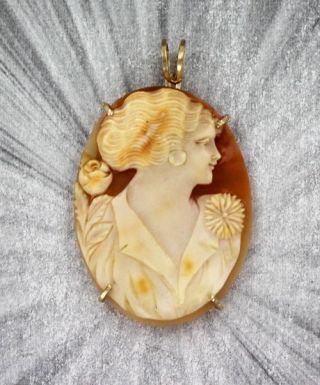 Vintage Antique Hand Carved Shell Cameo Pendant Necklace - - Wire Wrapped