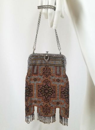 Antique 1910s 1920s Cut Steel & Seed Bead Bag Purse Silver Copper Gold Black