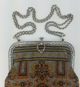 Antique 1910s 1920s Cut Steel & Seed Bead Bag Purse Silver Copper Gold Black 3