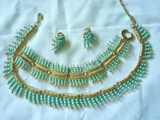 Vintage Trifari Gt Faux Turquoise Bead Set - Necklace,  Bracelet,  Earrings