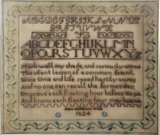 1824 Silk on Linen Needlework Sampler by Mary Nicholson Inscription on a Sundial 3