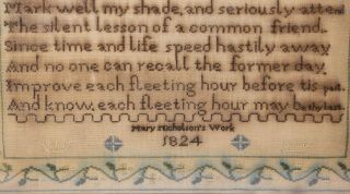 1824 Silk on Linen Needlework Sampler by Mary Nicholson Inscription on a Sundial 6