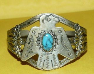 Vtg Native Navajo Fred Harvey Era Nickel Silver Turquoise Cuff Bracelet Signed