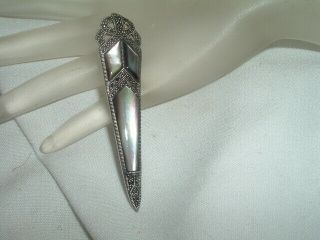 Vintage Art Deco Sterling Silver Marcasite Black Abalone Pin In Gift Box