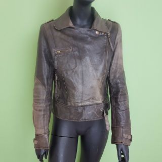 Mango Womens 100 Sheep Leather Biker Jacket Vintage Distressed Medium Patchwork