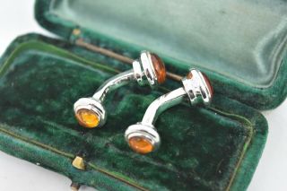 Vintage Mens Sterling Silver cufflinks with Art deco Orange insert design G699 4
