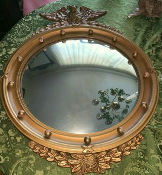 Antique Large Federal Eagle Convex Bullseye Gold Wood Mirror17.  5 ",  30x20 " Overall