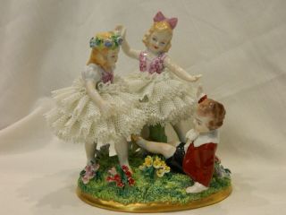 Vintage Dresden Lace Children Dancing Girls Boy Ballet Figurine Ballerina Flower