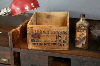 Vintage Wire Brads Steel Co Wood Crate Dovetail Box Buffalo,  Ny Industrial Old