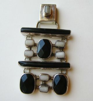 Vintage 950 Sterling Silver Modernist Black Coral Onyx Quartz Necklace Pendant