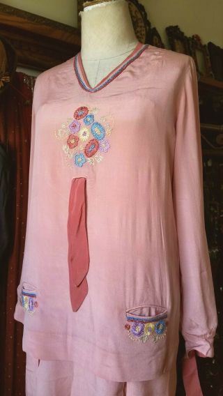 1920s Embroidered Silk 2 Piece Dress Gown Vintage Art Deco 20s Antique 8