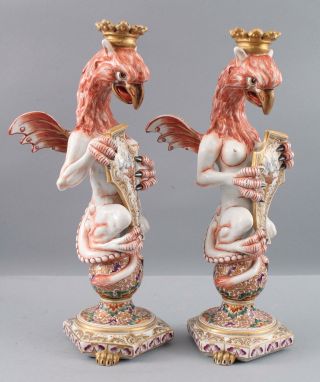 Pair Antique 19thc Italian Capodimonte Porcelain,  Winged Griffins Figurines