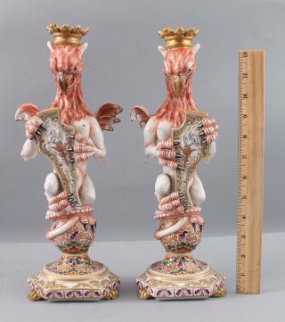 Pair Antique 19thC Italian Capodimonte Porcelain,  Winged Griffins Figurines 2
