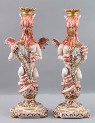 Pair Antique 19thC Italian Capodimonte Porcelain,  Winged Griffins Figurines 3