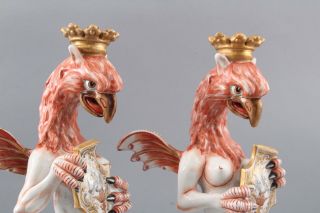 Pair Antique 19thC Italian Capodimonte Porcelain,  Winged Griffins Figurines 6