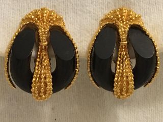 Vintage Signed Inna Cytrine Clip - On Earrings - Goldtone & Black Lucite