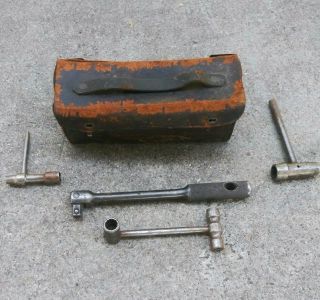 Antique Indian Motorcycle Tool Kit Leather Case W/ Tools Mini Saddlebag