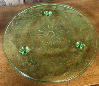 Us Glass Shaggy Rose Green Depression Glass Vaseline Uranium Cake Plate Vintage
