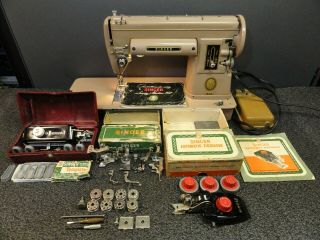 Vintage Singer 301a Sewing Machine Long Bed W/case Buttonholer Zigzagger & More