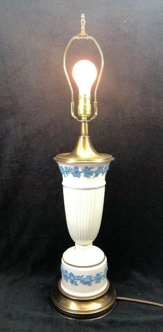 Large Wedgewood Queensware Blue On Cream Lamp In Vintage