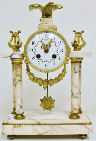 Antique French 8 Day Bell Striking Bronze & Marble 4 Pillar Portico Mantel Clock