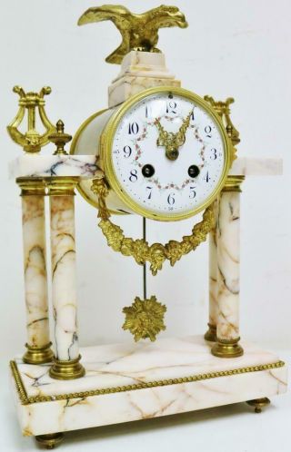 Antique French 8 Day Bell Striking Bronze & Marble 4 Pillar Portico Mantel Clock 2