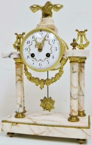 Antique French 8 Day Bell Striking Bronze & Marble 4 Pillar Portico Mantel Clock 3