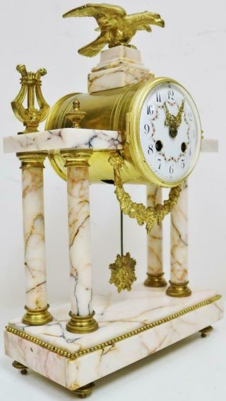 Antique French 8 Day Bell Striking Bronze & Marble 4 Pillar Portico Mantel Clock 4