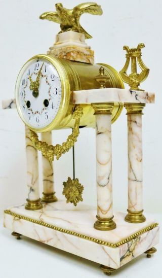 Antique French 8 Day Bell Striking Bronze & Marble 4 Pillar Portico Mantel Clock 6