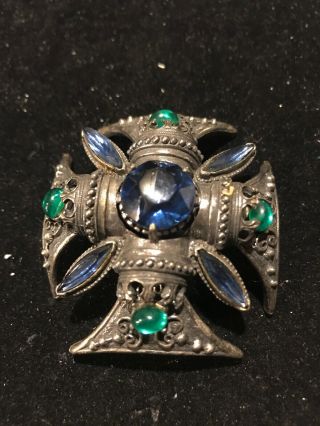 Signed Vintage Florenza Blue & Green Rhinestone Maltese Cross Brooch / Pendant