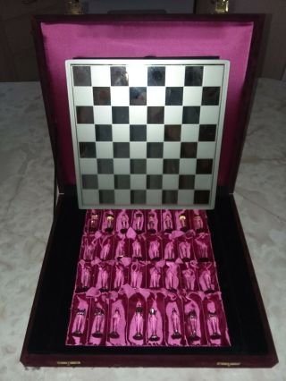 Vintage Miniature Faceted Crystal Chess Set Etched Mirror Board