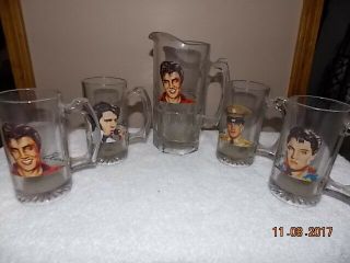 Rare Vintage Elvis Presley Heavy Glass Pitcher With 4 Mugs - Photos & Autographs